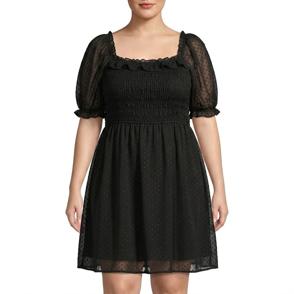 Indigo Rose Dress Womens 3X Black Swiss Dot Smocked Puff Sleeve Boho Cottagecore
